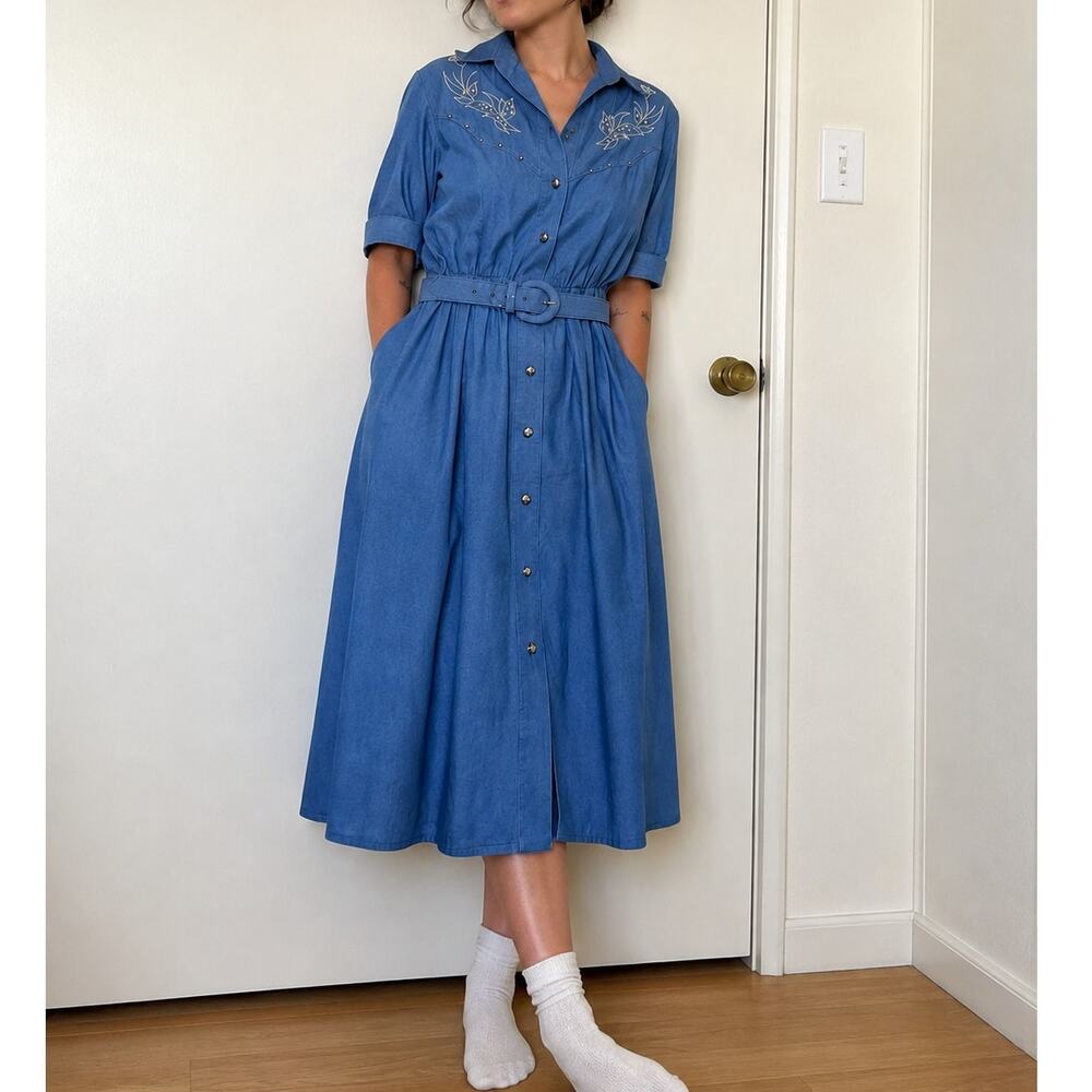 Vtg Willi of California Denim Blue Western Embroidered Belted Midi Dress USA-M